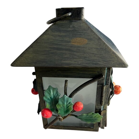 Vintage Holiday Lantern with Holly & Berry Accents – Metal & Frosted Glass - Picture 5 of 6